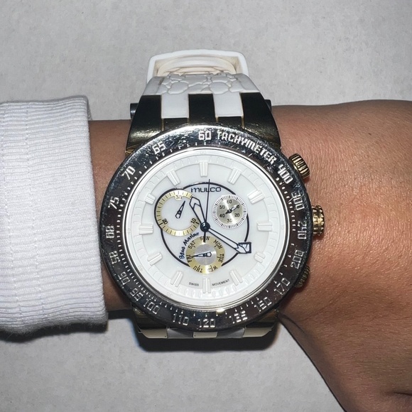 Mulco White Chronograph Watch with Gold-Tone Accents - Picture 1 of 5